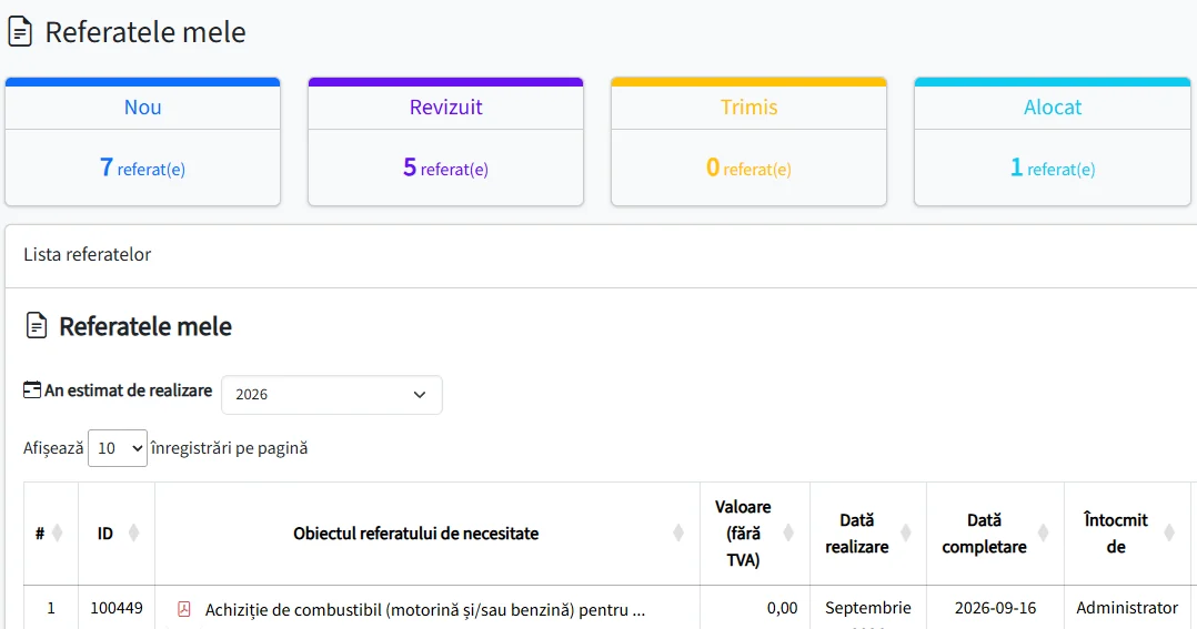 Ecranul Referatele mele, cu referatele grupate pe stări
